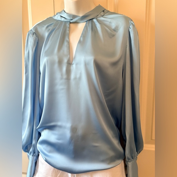 Zara Light Blue Satin Long Sleeve Blouse - Picture 2 of 9